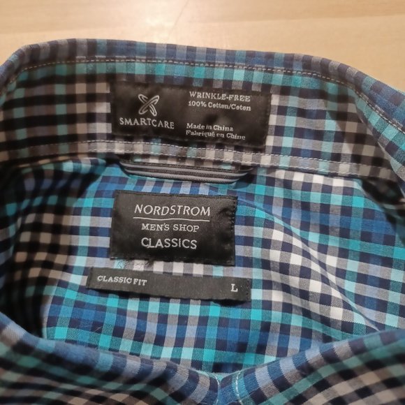 Nordstrom Short Sleeve Button Down Shirt,  Blue, White, Black Check, Size L - Picture 8 of 8